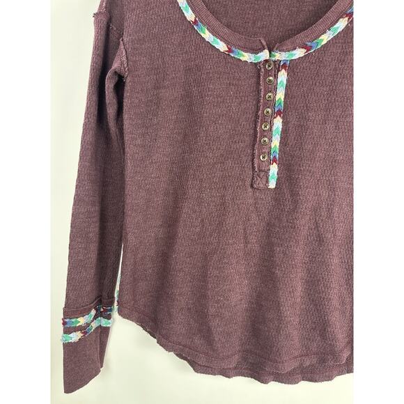 We The Free People Rainbow Trim Henley Thermal Top Small Boho Embroidered Wine - Picture 3 of 13